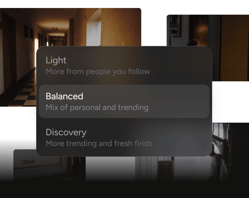 Your feed, your rules — Pick your mode — follow your people, discover new work, or both. The feed adapts to you.